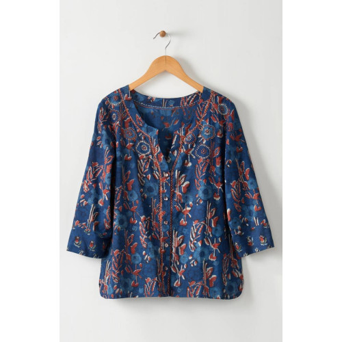 Kalini 3/4-Sleeve Button-Front Top - Indigo/Multi Kalini 3/4-Sleeve Button-Front Top - Indigo/Multi