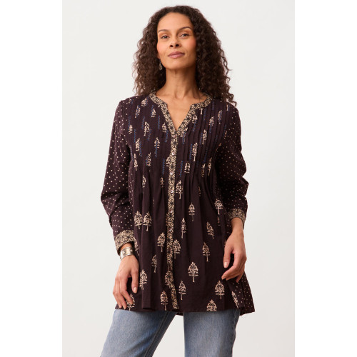Vaishali Pleated Button-Down Tunic - Black/Natural Vaishali Pleated Button-Down Tunic - Black/Natural