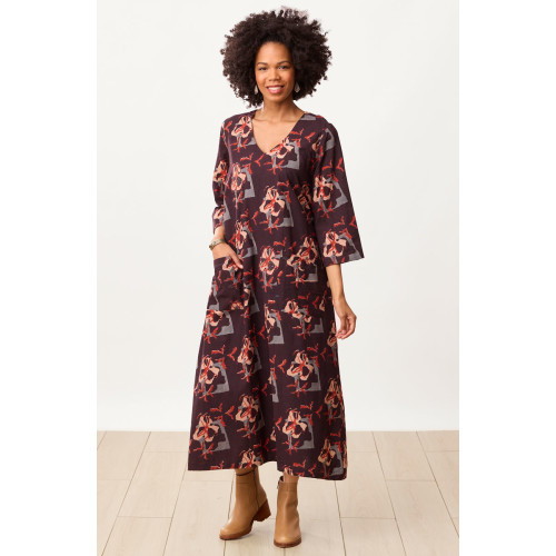 Zarine Natural Dye V-Neck Dress - Black/Multi