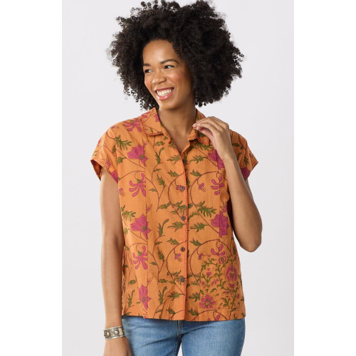 Radha Organic Cotton Button-Down Top - Honey/Multi